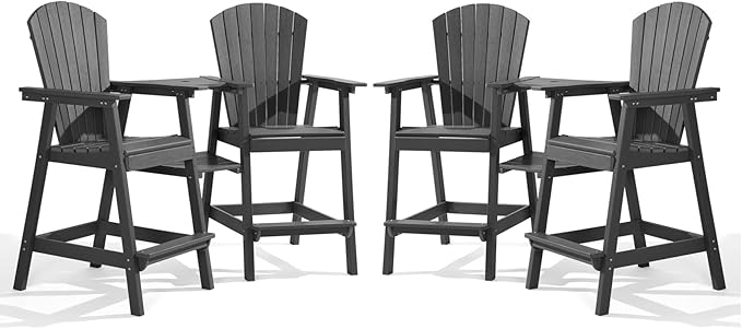 PASAMIC Tall Adirondack Chairs Set of 4, All-Weather HDPE Patio Chairs with Double Connecting Trays, Bar Height Heavy-Duty Outdoor Chairs for Garden, Backyard, Balcony, Dark Gray