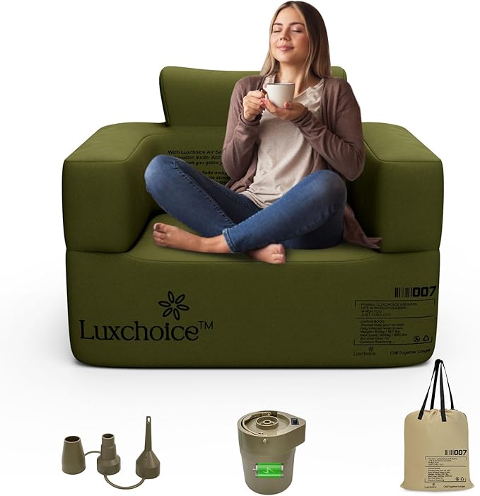 Inflatable Couch Premium Oxford Cloth Inflatable Sofa with Built-in Pump Rechargeable Portable Blow Up Couch for Camping Outdoor Travel Home Guests Backyard Patio | Durable Fabric, Easy Inflation, Waterproof, Puncture Resistant, Luxury Stylish