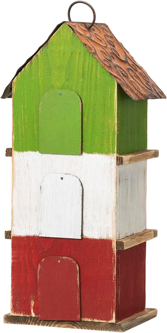 Glitzhome Bird Houses for Outside, 13.75" H Multicolored Three-Tiered Distressed Solid Wood Birdhouse Garden Hanging Bird House for Outdoors