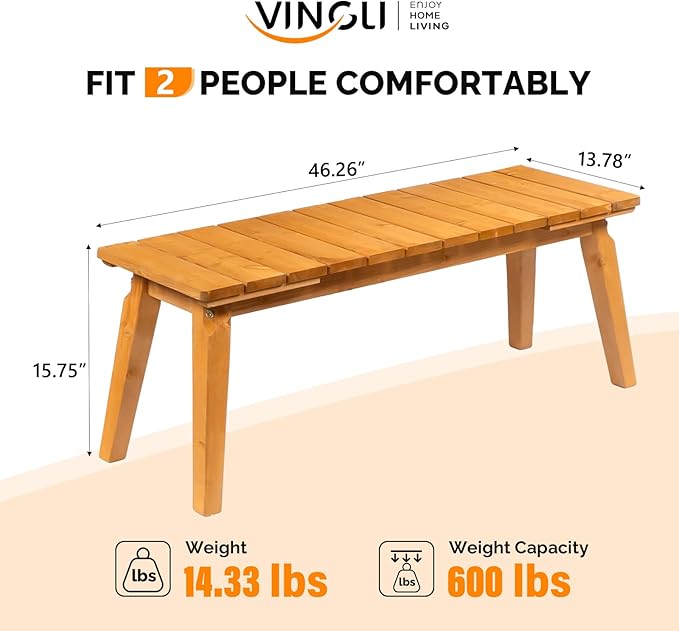 VINGLI Outdoor Wooden Bench, 45” 2-Person Backless Dining Bench, Weatherproof Outdoor Patio Bench for Porch Entryway Garden (1, Teak)