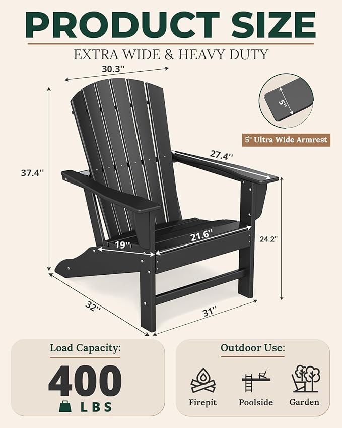 BRIOPAWS Adirondack-Chairs-Set of 2 | Fire Pit Chair | Oversized | HDPE Plastic | Weather Resistant | for Deck Outdoor Poolside Campfire | Black