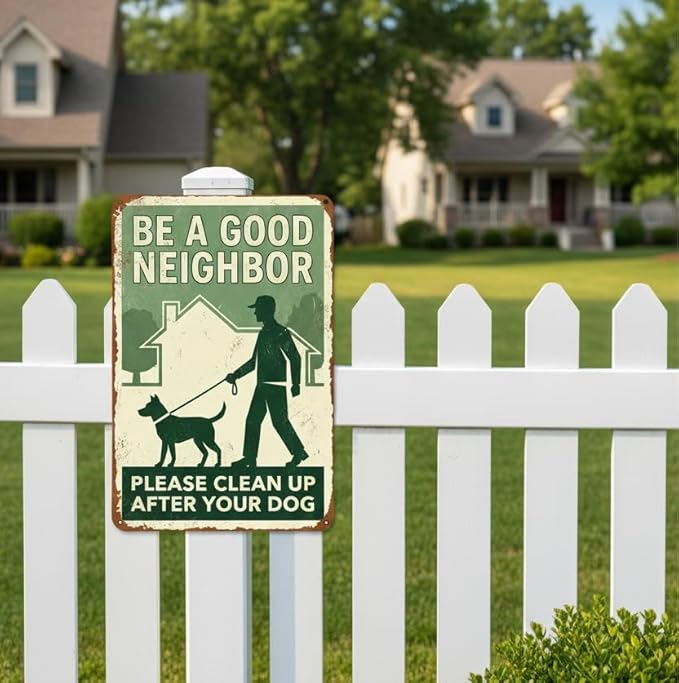 Polite Dog Poop Tin Sign - "Be A Good Neighbor Please Clean Up After Your Dog" Vintage Metal Yard Sign - 8x12 Aluminum Plaque for Lawn, Garden, HOA - Metal Sign Aesthetic Reminder