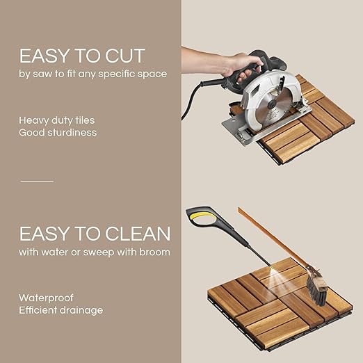 10 Pcs Deck Tiles, Patio Flooring - Outdoor Waterproof Acacia Wood Tiles for All Weather Use - Balcony, Backyard, Indoor & Outdoor (Golden Teak Crossed Pattern, 10 Square Ft)