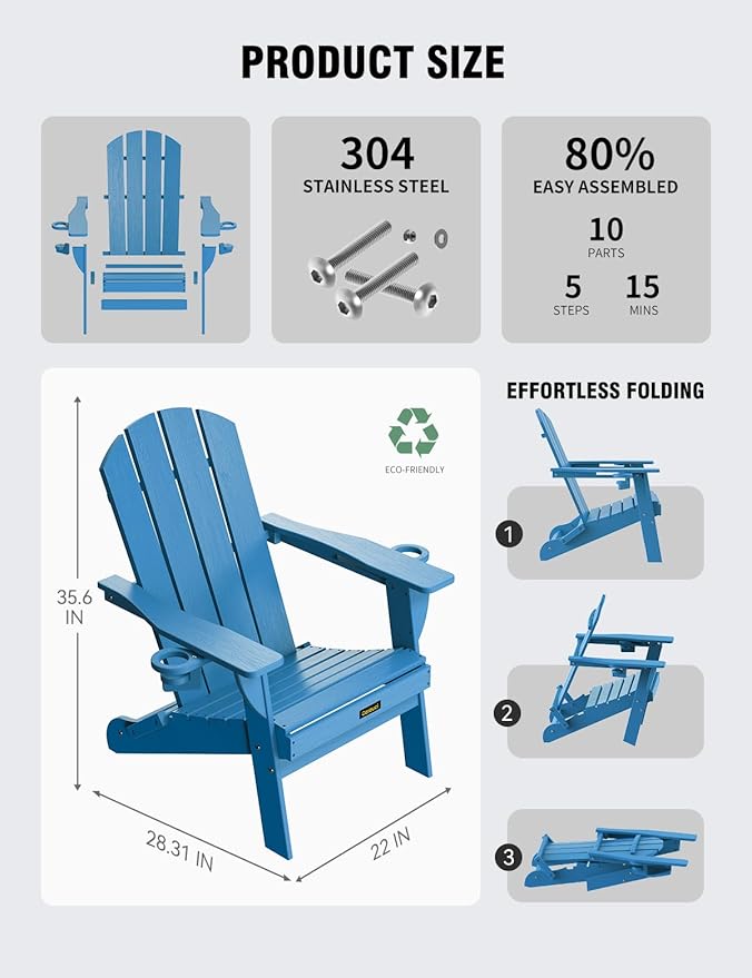 Folding Adirondack Chair Set of 6, Wooden Textured Plastic Adirondack Chairs with 2 Cup Holder, Weather Resistant HDPE Fire Pit Chair, Outdoor Patio Chairs for Garden, Backyard, Lawn, Deck, Blue