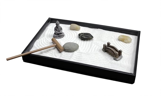 Nature's Mark Mini Zen Garden Kit for Desk with Rake, White Sand, Buddha Figure, Bridge Figure and River Rocks, Black Rectangle Base