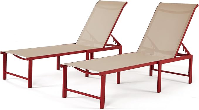 Outdoor Pool Lounge Chairs, 2 pcs Patio Aluminum Chaise Lounge, Five-Position Recliner Loungers for Poolside Yard Balcony Deck Beach (Red)