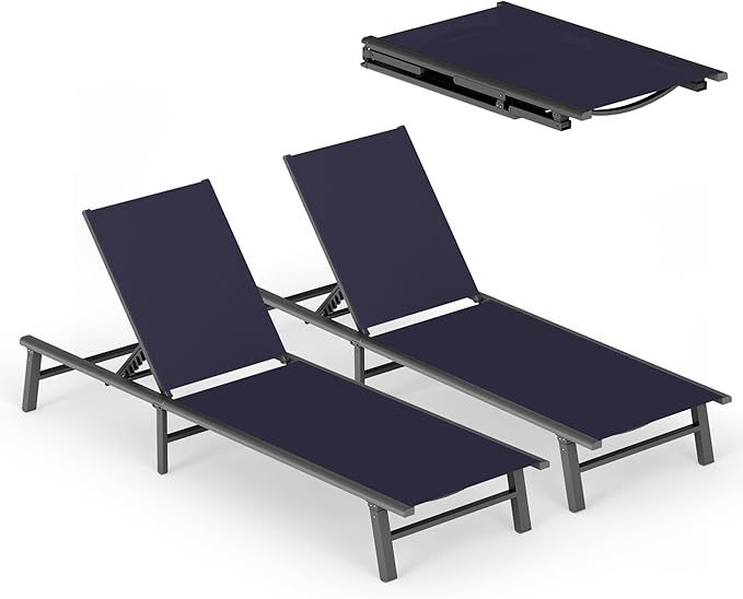 Ciokea Foldable Outdoor Lounge Chair Set of 2, No Assembly Aluminum Chaise Lounge Outdoor with 5 Adjustable Positions, Pool Lounge Chairs with Portable Design for Pool, Beach, Deck, Patio, Navy Blue