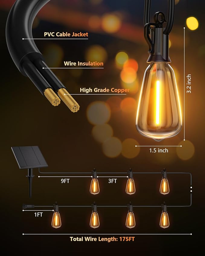 Brightown 175FT Solar String Lights Outdoor Waterproof with Remote, 56+2 LED Shatterproof Bulbs, Dimmable & Timable, 3 Light Modes - Commercial Grade Patio Lights for Garden Backyard Party Decor