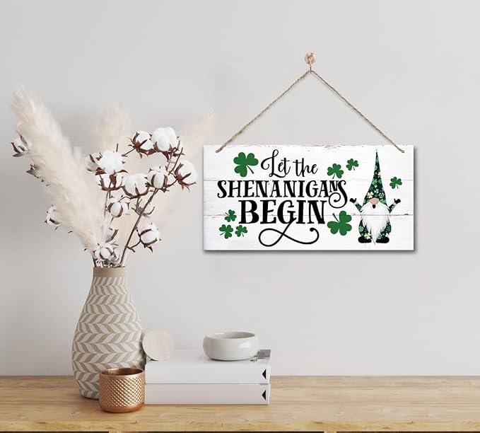 St. Patrick's Day Gnome Wood Sign - 'Let the Shenanigans Begin' - Hanging Wall Art, Irish Home Decor