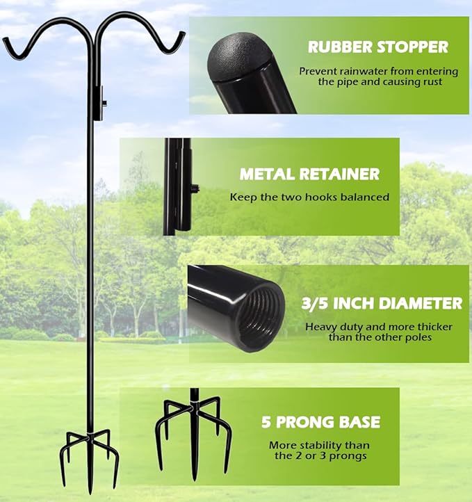 76 Inch Double Shepherd Hook Stand for Outdoor Birdfeeder, Adjustable Two Sided Garden Bird Feeder Pole Holder for Birdhouse Planter Solar Light Lantern, Black, 1 Pack