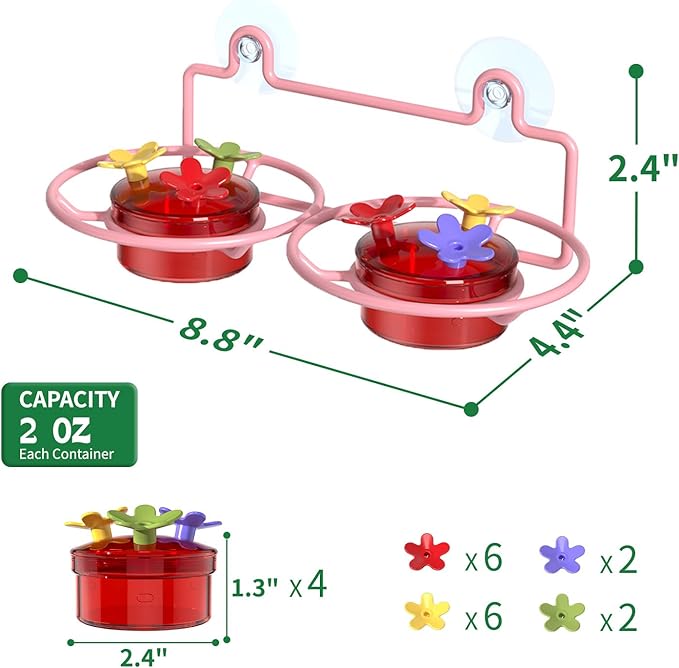 2 Pack Window Hummingbird Feeder, Small Hummingbird Feeder for Outdoors with Strong Suction Cup - Metal Base & 6 Feeding Ports, Easy to Clean and Refill, Pink