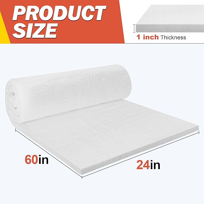 Ceramic Fiber Insulation, 60"x24"x1"Thick, 2600F Fireproof Insulation Blanket for Wood Stove Baffle, Fireplace, Pellet Stove, Chimney, Furnace, Boiler, Pizza Ovens and Forge