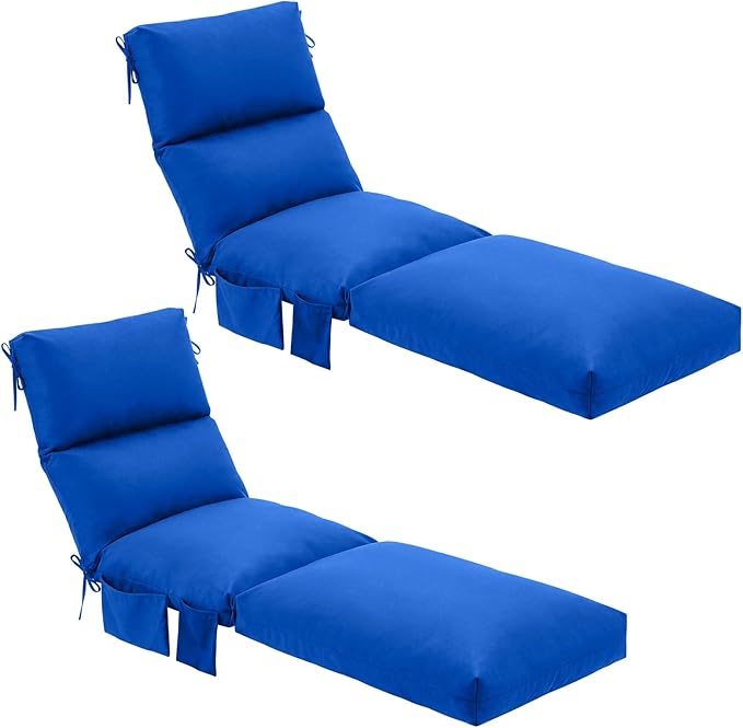 Kigley 2 Pcs Chaise Lounge Cushions, 77.9 x 20.5 x 4.7 Inch Outdoor Lounge Chair Cushions with Pocket, Thick Tufted Patio Recliner Replacement with Ties, Fade Resistant for Pool Furniture (Blue)
