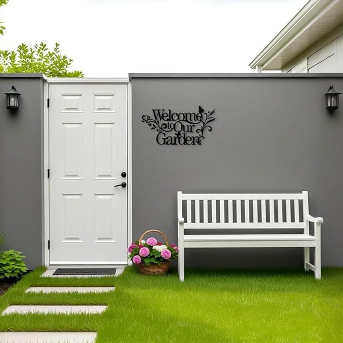 Welcome Metal Sign for Outdoor, Rustic 'Welcome to Our Garden' Wall Decor, Black Weatherproof Metal Art for Front Porch, Fence, or Yard, Country Housewarming Gift