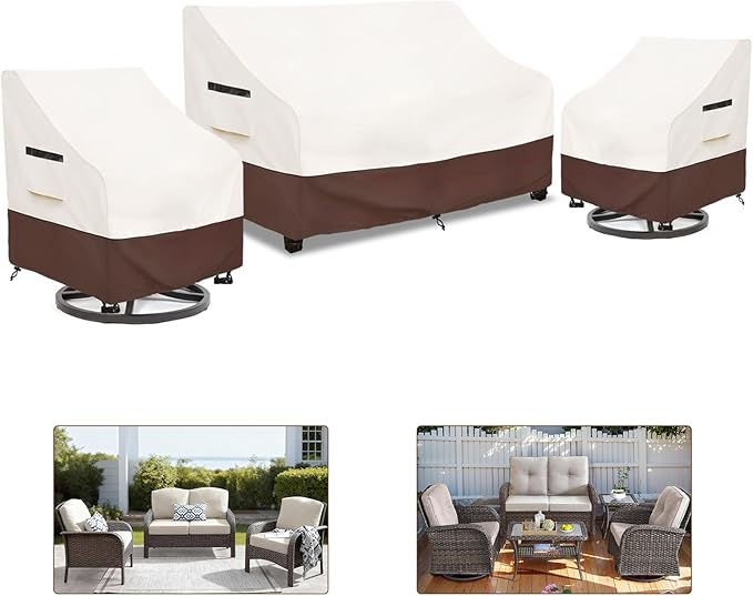 3-Piece Patio Furniture Covers Set,Heavy Duty 600D Waterproof Outdoor Furniture Cover,Includes 2 Patio Chair Covers (30in) and 1 Patio Loveseat Cover (58in),UV Protection, Windproof Design,Beige