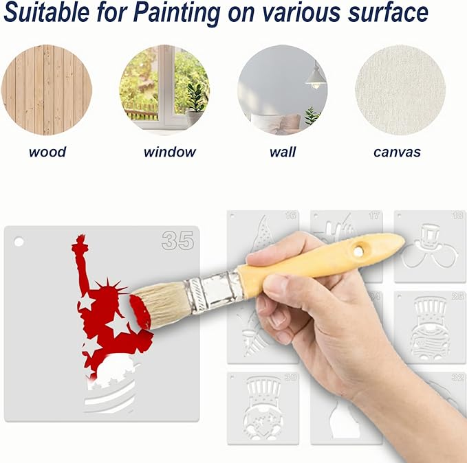 Patriotic Stencils for Painting, 49PCS Independence Day Theme Templates 3x3 Clear PET Plastic with Stars and Stripes Patterns for Cards, Cookies, Face Painting and Party Crafts