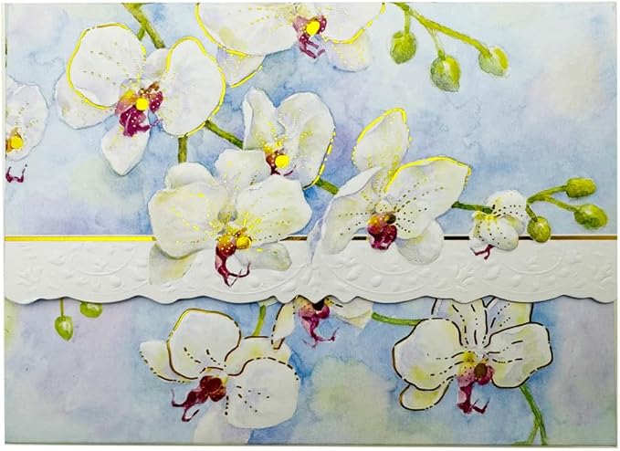 Poster Foundry White Orchid Portfolio Boxed Note Cards by Carol Wilson. 10 embossed 4x5 Die-Cut Notecards and Matching Envelopes in Decorative Gift Box with Magnetic Flap. NCP2213