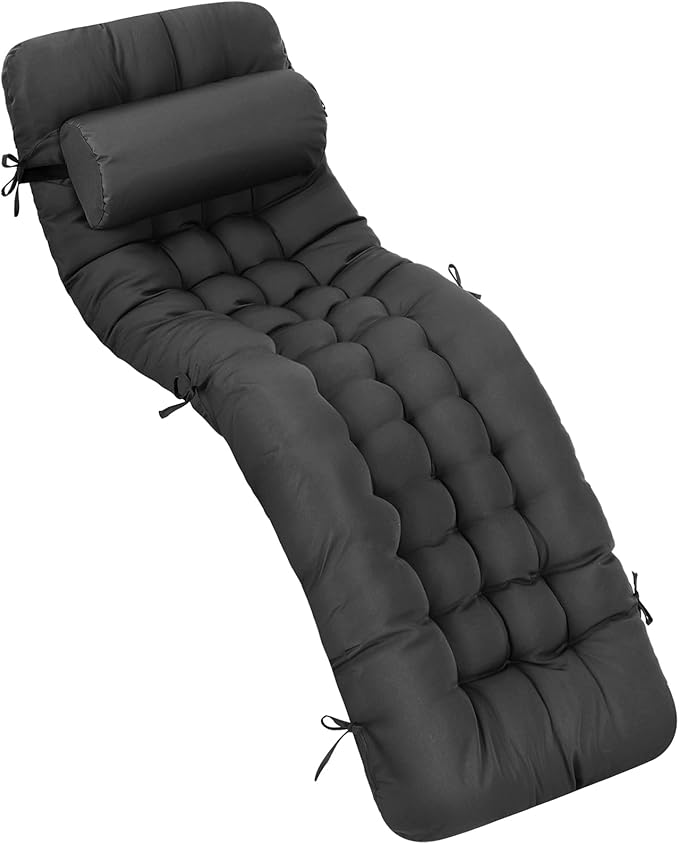 Tudomro 1 Pcs Grey 66'' Outdoor Chaise Lounge Cushion Waterproof Patio Lawn Pool Chaise Lounge Cushion with Headrest Pillow & Ties Weather Fade Resistant Replacement Longue Chair Pad