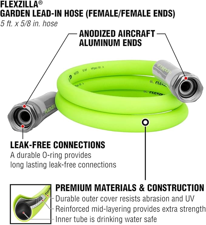 Flexzilla Garden Lead-in Hose, 5/8" x 5', Female/Female 3/4" - 11 1/2 GHT Fittings