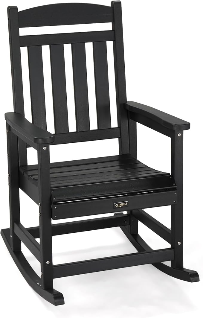 VINGLI Outdoor Rocking Chair, HDPE Rocking Chair with Higher Backrest, All Weather Rocker for Garden, Yard, Balcony, Black