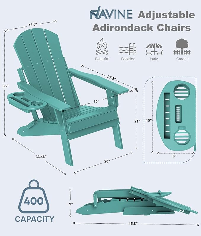 Adjustable Adirondack Chair Set of 2 with Cup Holder, All Weather HDPE Fire Pit Chairs for Deck, Backyard, Patio, Lake Blue