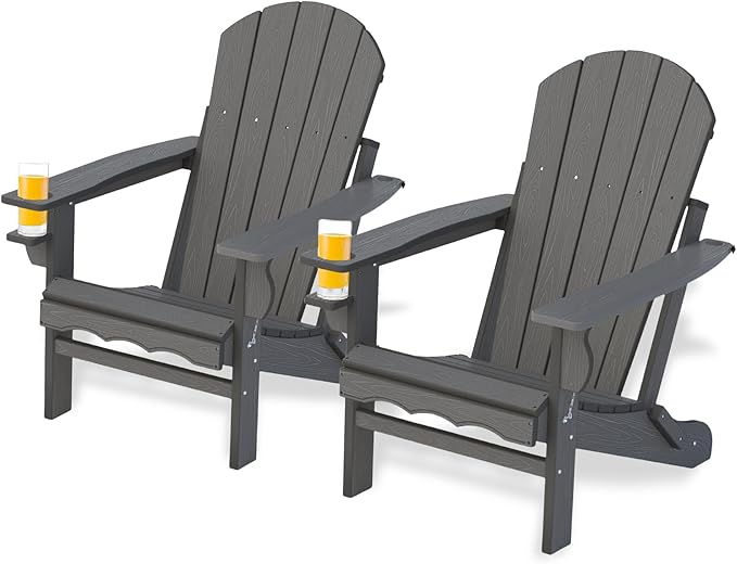 Folding Adirondack Chairs Set of 2, HDPE Fire Pit Chairs Weather Resistant, Composite Foldable Adirondack Patio Chair with Cup Holder and Umbrella Hole, Grey