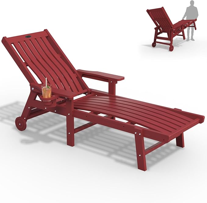 Patio Chaise Lounge Chair, Oversized Lounge Chair Outdoor with 5 Positions, HDPE, Patio Lounge Chair with Wheels & Cup Holder for Pool, Deck, Poolside,Red