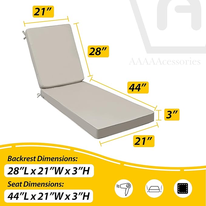 AAAAAcessories Outdoor Chaise Lounge Cushions, Fade-Resistant, Waterproof Patio Furniture Replacement Cushions, 72" x 21" x 3", Beige
