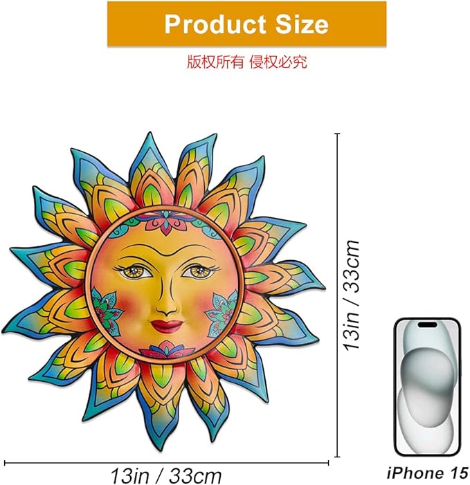 Daogtc Metal Sun Flower Wall Decor,13inches Sun Wall Art Hanging Decoration for Indoor and Outdoor, Garden Farmhouse Yard Patio Fence Living Room Bedroom Decor