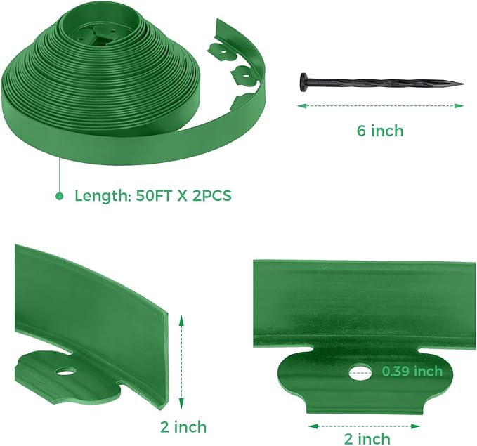 2-Inch x 100 FT Landscape Edging Border with 150 Stakes, Plastic Edging for Landscaping Garden Edging Border, Flexible Landscaping Edging for Garden Flower Beds Yard Lawn Pathway Paver (Green)