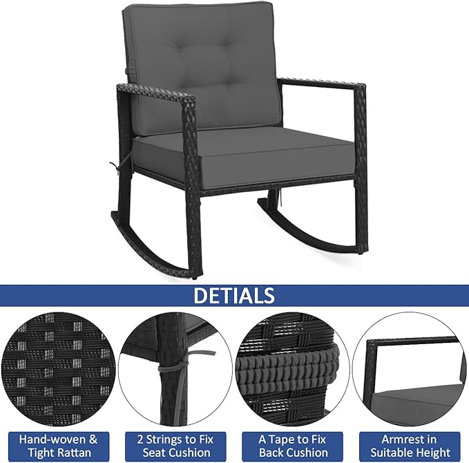 Tangkula 2 Pieces Wicker Rocking Chairs, Outdoor Glider Rattan Rocker Chair with Heavy-Duty Steel Frame, Patio Wicker Furniture Seat with 5” Thick Cushion for Garden, Porch, Backyard, Poolside
