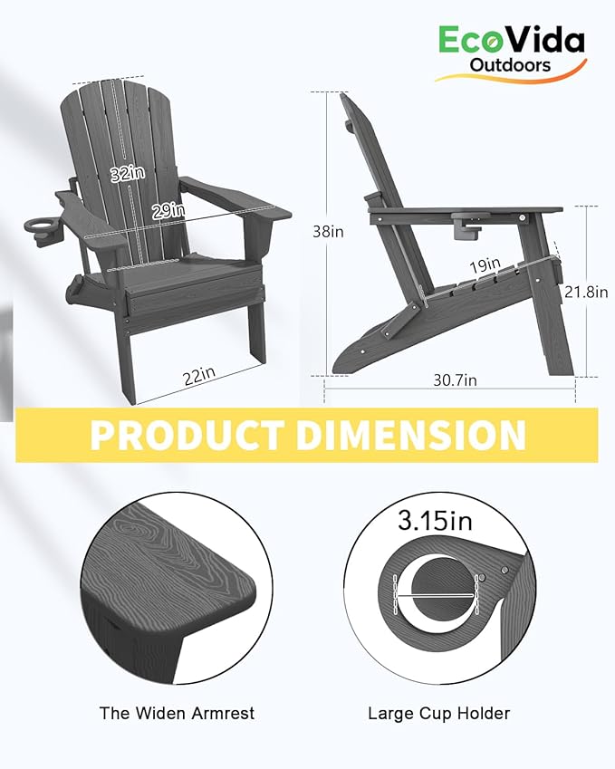 Upgraded Folding Adirondack Chair with All-Weather Cup Holder-EcoVida, Premium Wood Grain Texture, HDPE Waterproof, Suitable for Fire Pit, Patio, Porch,Grey