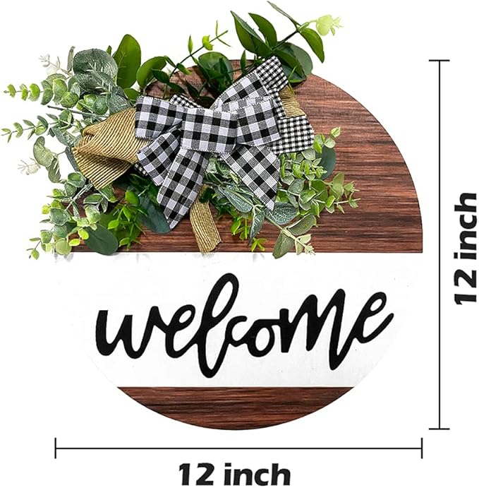 Welcome Sign for Front Door, Front Door Decor for Farmhouse Porch, Rustic Welcome Wreaths with Stapled Greenery, Round Wooden Hanging Sign Housewarming Gift for Home Outdoor Indoor