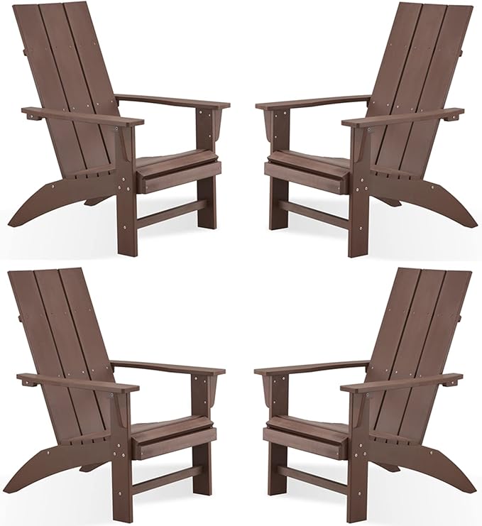 Psilvam Modern Adirondack Chairs Set of 4, Oversized Poly Lumber Fire Pit Chair, 350 Lbs Support Patio Chairs for Garden, Weather Resistant Adirondack Chair Looks Like Real Wood (4, Brown)