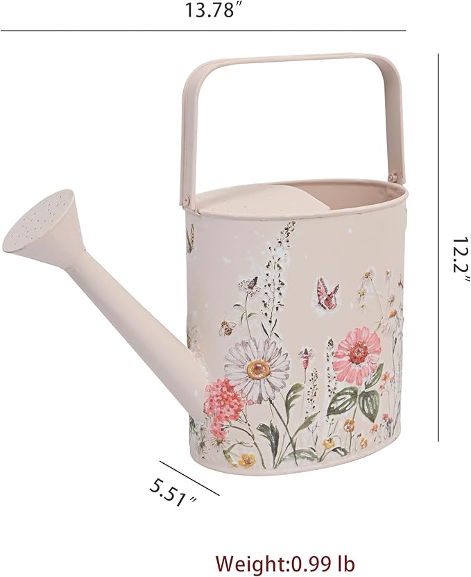 Vintage Floral Metal Watering Can for Indoor/Outdoor Plants, Pink Functional Garden Waterer with Long Spout, Garden Water Pot Rustic Decor for Home Garden Patio