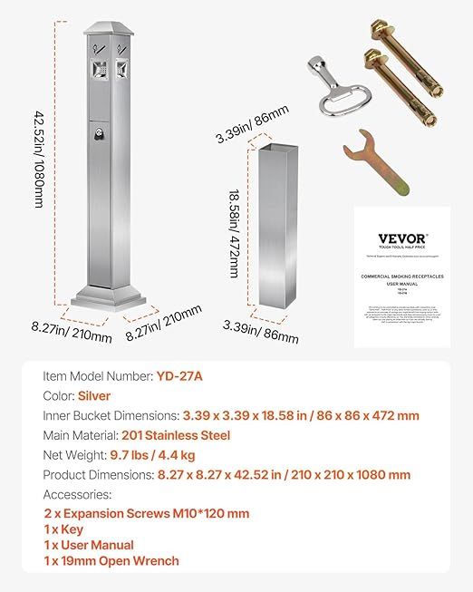 VEVOR Outdoor Trash Can, Weatherproof Lockable Trash Bin with Removable Inner Bucket, Freestanding Commercial Garbage Can, Butt Receptable for Garden, Office, Restaurant, Hotel, Silver