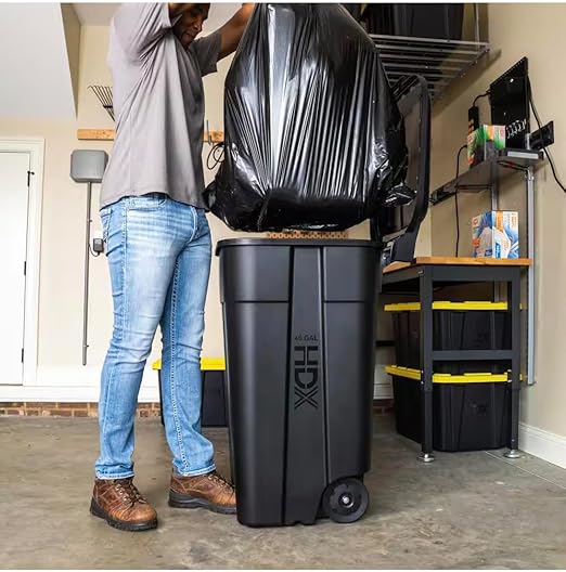 TuffCan 45-Gallon Heavy Duty Outdoor Trash Can with Wheels and Attached Lid, Black