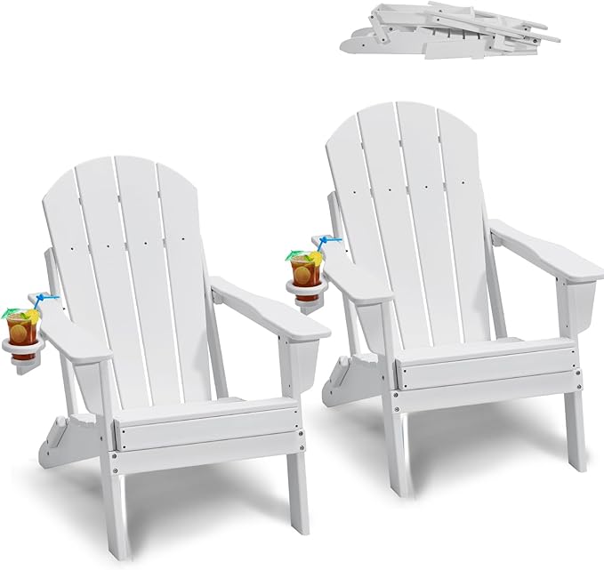 VEVOR Folding Adirondack Chairs Set of 2 with Cup Holder, All-Weather Portable Plastic Fire Pit Chair, Outdoor Adirondack Patio Chair, with Relaxing Arm Rest Ergonomic, for Garden, Backyard, White