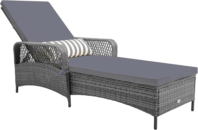 Tangkula Wicker Chaise Lounge Outdoor, Patio Rattan Reclining Chaise with 6-Gear Adjustable Backrest, Thick Padded Cushion & Removable Lumbar Pillow, Pool Lounge Chairs (1, Mix Grey + Grey)