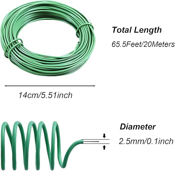 65.5 Feet Twist Ties for Climbing Plants Green Gear Ties Garden Plant Wire Outdoor & Indoor Plants Supporting Tree Tomatoes Vegetables Tape (Diameter - 2.5MM)