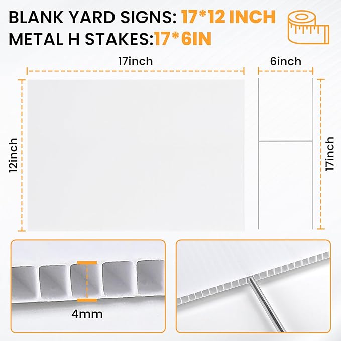 15 Pack Yard Signs with Metal Stakes, Custom Yard 17 x 12 Inches, Corrugated Plastic Board for Sale Sign Outdoor, Rent, Guidepost, Garage Sale Signs, Birthday Party