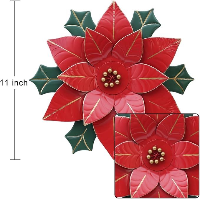 hogardeck Christmas Decorations Indoor, 11" Metal Flower Wall Decor, Poinsettia Floral Metal Wall Art, Xmas Wall Decor for Bathroom, Living Room, Porch, Garden, Yard