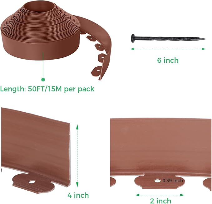 4-Inch x 50 FT Landscape Edging Border with 75 Spikes, Garden Edging Lawn Border Kit, Plastic Edging Border Flexible for Garden Flower Beds Lawn Yard Pathway Paver Edging (Brown)