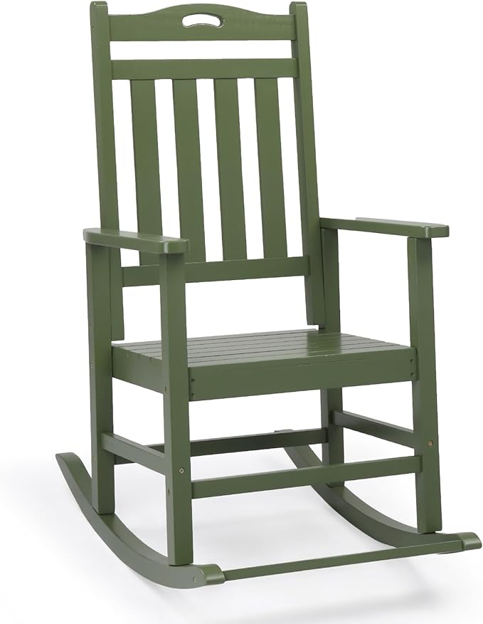 VINGLI Outdoor Rocking Chair with Footrest, Wooden Rocking Chair with 450 LBS Weight Capacity, Patio Rocker with Comfortable Backrest for Garden, Yard (Dark Green, 1PC)