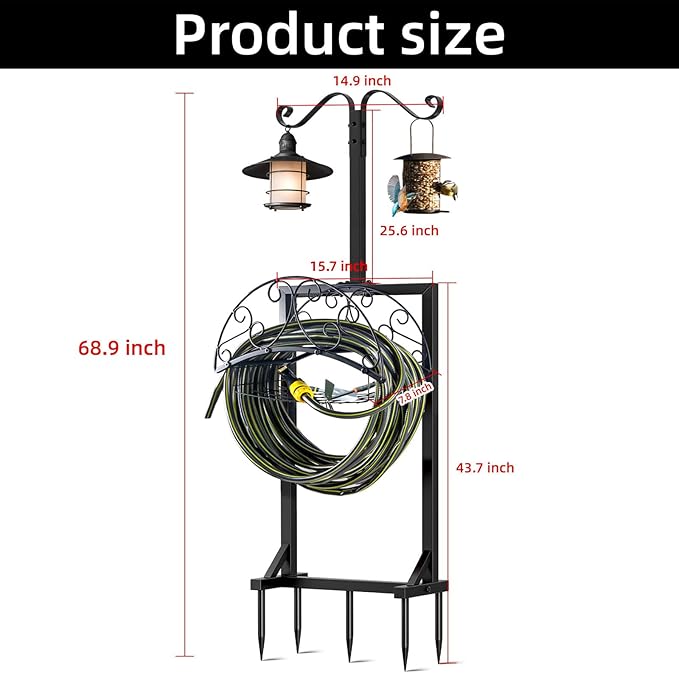 Garden Hose Holder, Upgraded Water Hose Holders with 5 Spikes & 2 Shepherds Hooks, Heavy Duty Metal Hose Stand Sturdy Freestanding Hose Hanger, Detachable Storage Rack, for Outside Yard Lawn