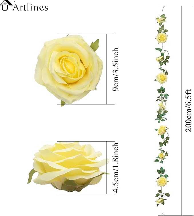 U'Artlines 3 Pack Artificial Yellow Rose Vines Floral Garlands Total 19.5 Ft Fake Vine Silk Flower Garland for Indoor Outdoor Home Wedding Arch Garden Wall Decoration