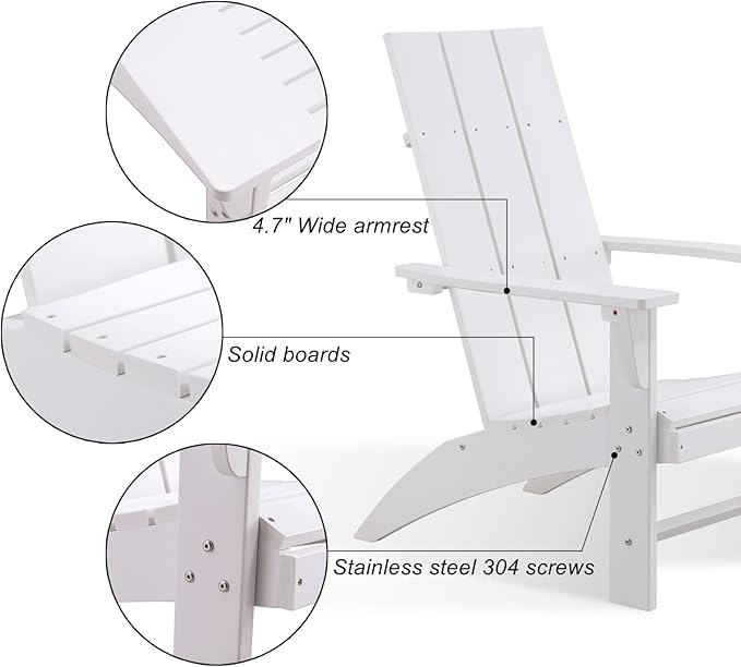 Psilvam Modern Adirondack Chair, Oversized Poly Lumber Fire Pit Chair, 350 Lbs Support Patio Chairs for Garden, Weather Resistant Adirondack Chair Looks Like Real Wood (White)