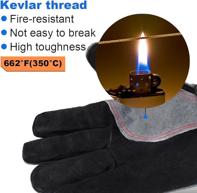 AUAUY Heat & Fire Resistant Gloves Leather BBQ Gloves Wear Resistant Heavy-Duty Welding Gloves for Grinding,Baking,Gardening