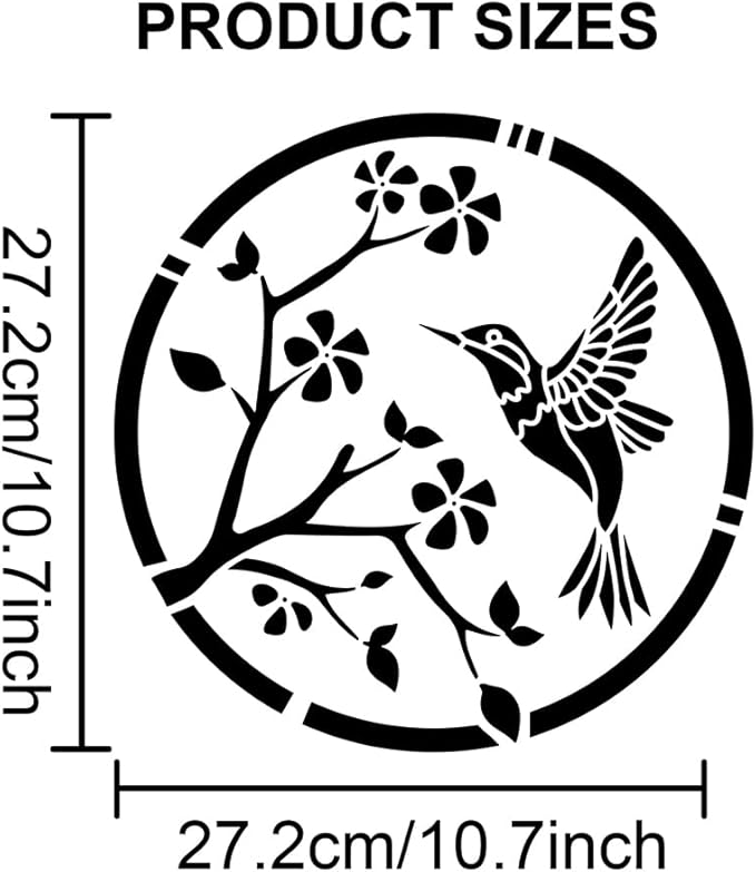 MAYJOYDIY 3pcs Round Flower Bird Stencils for Painting 11.8×11.8inch Large Hummingbird Floral Stencil with Paint Brush Nature Daisy Cherry Blossom Titmouse Flying Bird Stencil for Wood Wall Furniture