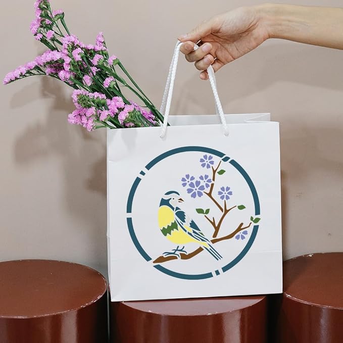 MAYJOYDIY 3pcs Round Flower Bird Stencils for Painting 11.8×11.8inch Large Hummingbird Floral Stencil with Paint Brush Nature Daisy Cherry Blossom Titmouse Flying Bird Stencil for Wood Wall Furniture